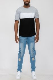 COLOR BLOCK SHORT SLEEVE TSHIRT (Color: GREY BLACK, size: L)