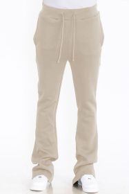 Mens Solid Fleece Flare Stacked PANTS (Color: Oatmeal, size: 2XL)